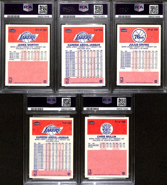 (5) Graded 1986 Fleer Basketball Cards - Worthy (PSA 7), Abdul-Jabbar (PSA 7), Erving (PSA 7.5), Abdul-Jabbar (PSA 6), Mullin (PSA 7)