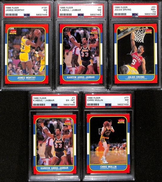 (5) Graded 1986 Fleer Basketball Cards - Worthy (PSA 7), Abdul-Jabbar (PSA 7), Erving (PSA 7.5), Abdul-Jabbar (PSA 6), Mullin (PSA 7)