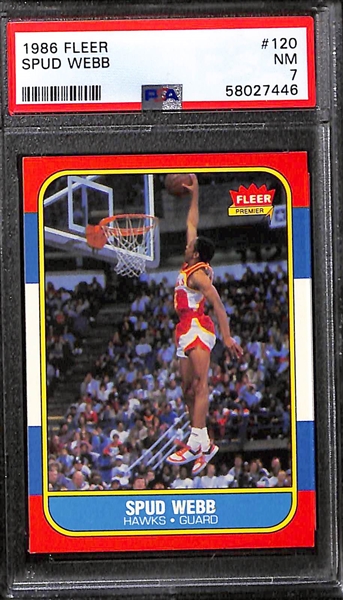 1986-87 Fleer Basketball - (2) Karl Malone #68 (PSA 7 and PSA 5) and (3) Spud Webb #120 (PSA 7, PSA 7, PSA 7.5)
