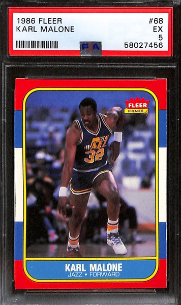 1986-87 Fleer Basketball - (2) Karl Malone #68 (PSA 7 and PSA 5) and (3) Spud Webb #120 (PSA 7, PSA 7, PSA 7.5)