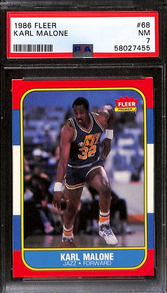 1986-87 Fleer Basketball - (2) Karl Malone #68 (PSA 7 and PSA 5) and (3) Spud Webb #120 (PSA 7, PSA 7, PSA 7.5)
