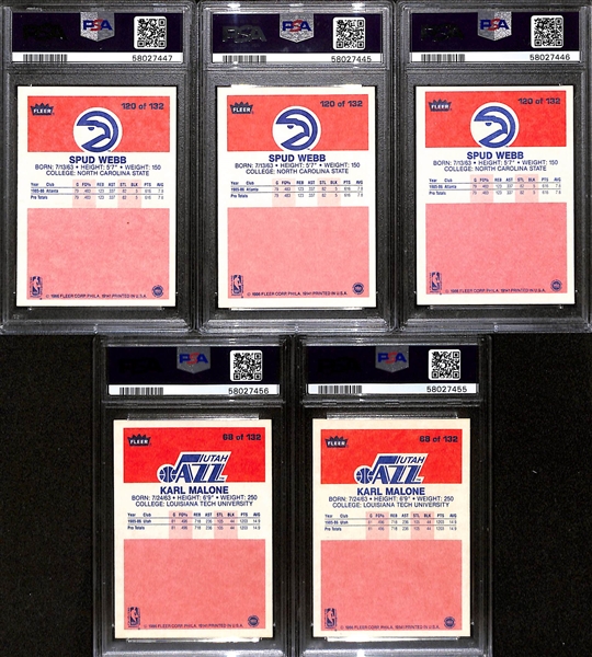 1986-87 Fleer Basketball - (2) Karl Malone #68 (PSA 7 and PSA 5) and (3) Spud Webb #120 (PSA 7, PSA 7, PSA 7.5)