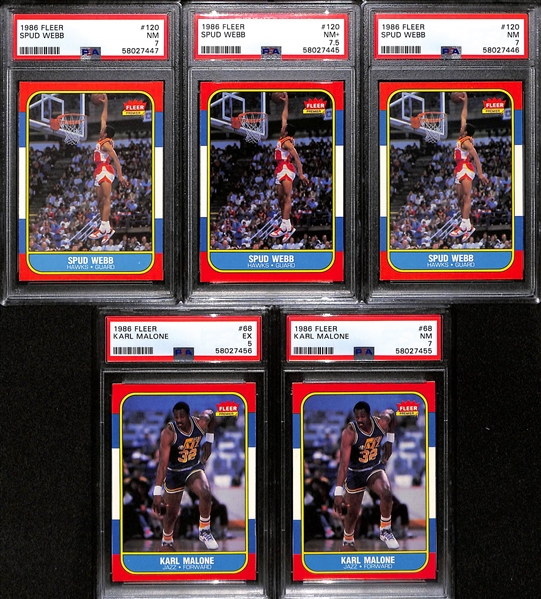 1986-87 Fleer Basketball - (2) Karl Malone #68 (PSA 7 and PSA 5) and (3) Spud Webb #120 (PSA 7, PSA 7, PSA 7.5)
