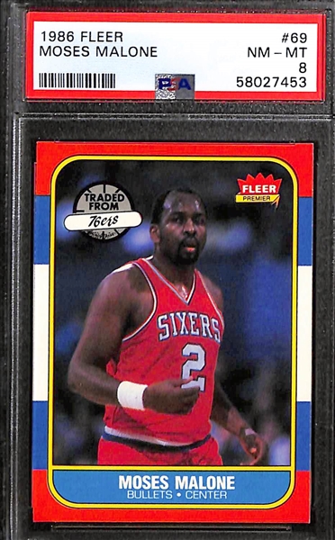 1986-87 Fleer Basketball PSA 8 Lot (3) - Chris Mullin #77, Moses Malone #69, Mark Aguirre #3