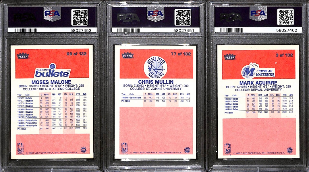 1986-87 Fleer Basketball PSA 8 Lot (3) - Chris Mullin #77, Moses Malone #69, Mark Aguirre #3