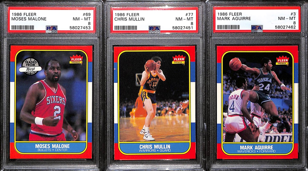 1986-87 Fleer Basketball PSA 8 Lot (3) - Chris Mullin #77, Moses Malone #69, Mark Aguirre #3