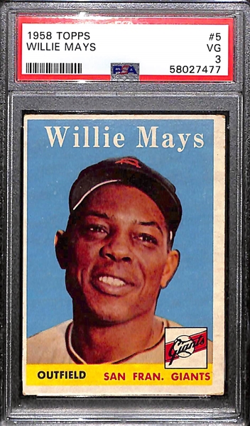 1958 Topps Graded Lot - Roberto Clemente #52 PSA 5; Hank Aaron (White Name) #30 PSA 4,  & Willie Mays #5 PSA 3
