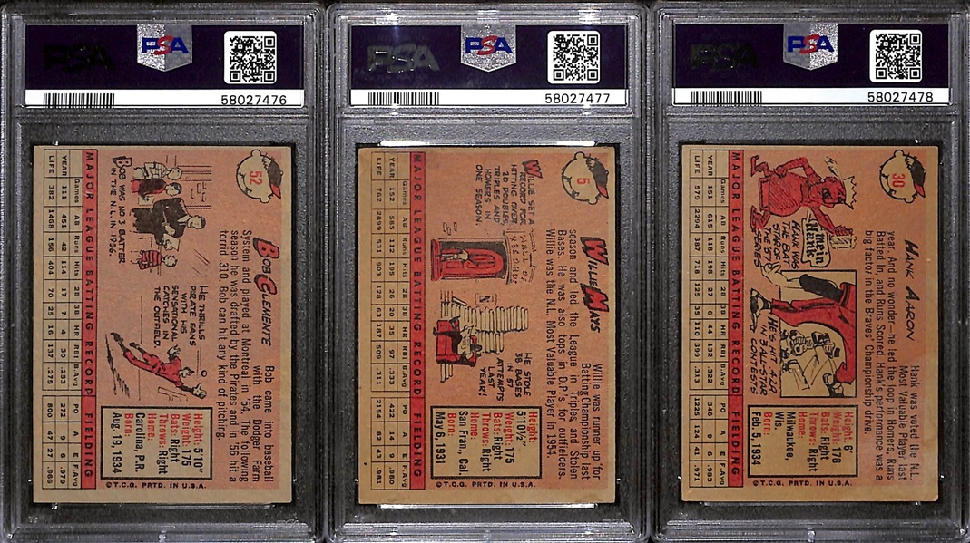 1958 Topps Graded Lot - Roberto Clemente #52 PSA 5; Hank Aaron (White Name) #30 PSA 4,  & Willie Mays #5 PSA 3