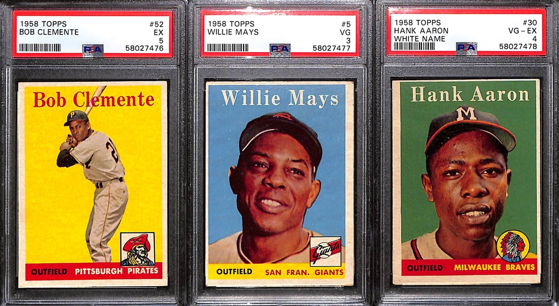 1958 Topps Graded Lot - Roberto Clemente #52 PSA 5; Hank Aaron (White Name) #30 PSA 4,  & Willie Mays #5 PSA 3