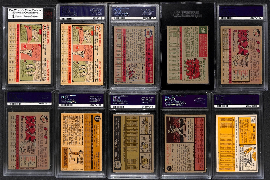 Lot of (10) Mostly PSA Graded Ernie Banks 1950s and 60s Baseball Cards