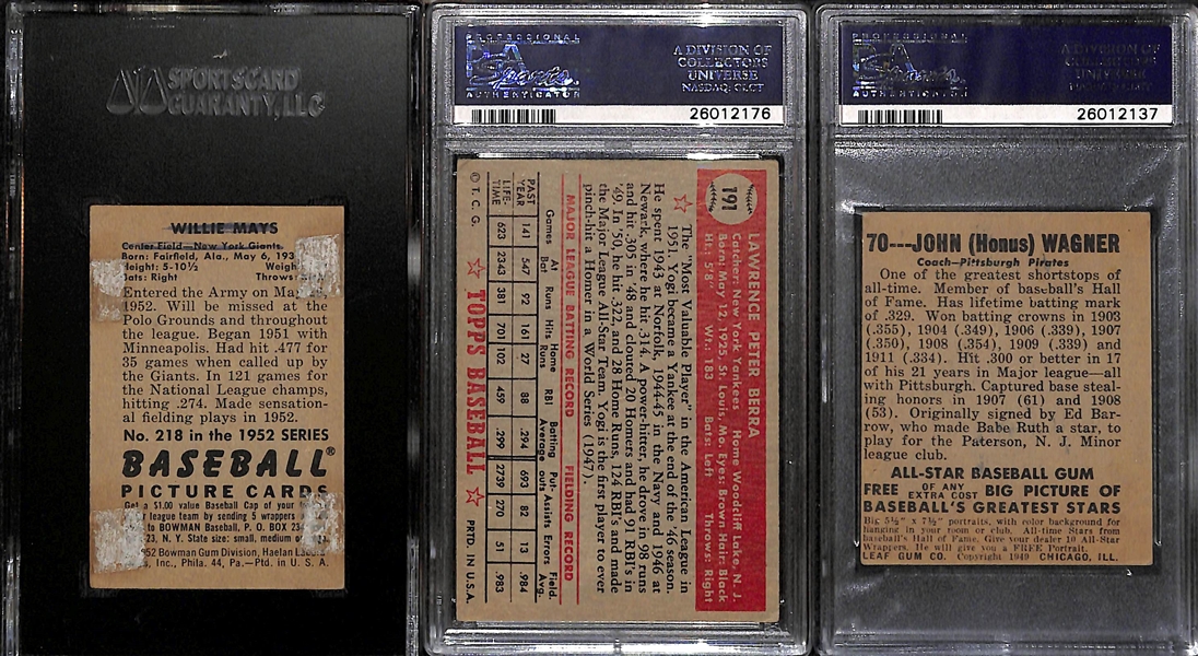 Lot of (3) Graded Baseball Greats Feat. 1952 Bowman Willie Mays, 1952 Yogi Berra and 1948 Leaf Honus Wagner
