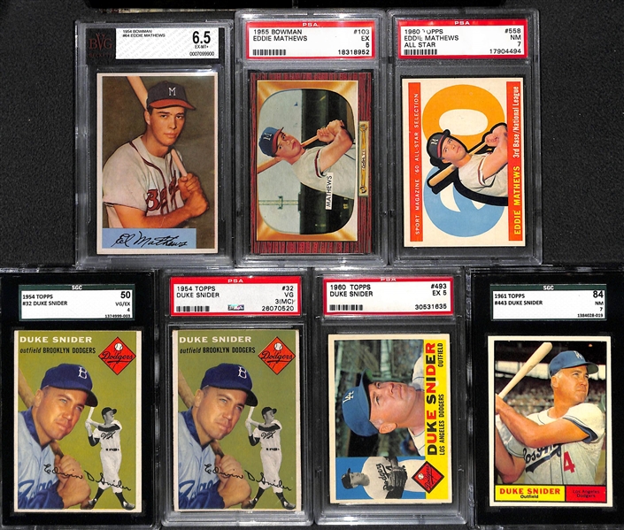 Lot of (7) 1950s and 60s Graded Eddie Mathews and Duke Snider Baseball Cards