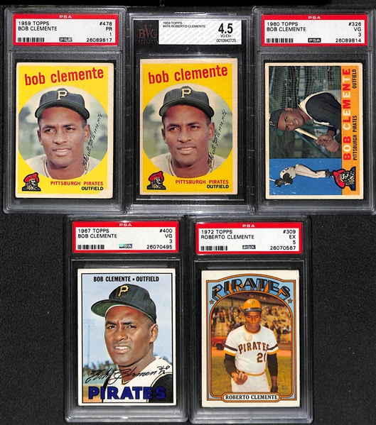 Lot of (5) 1950s and 60s Graded Roberto Clemente Baseball Cards