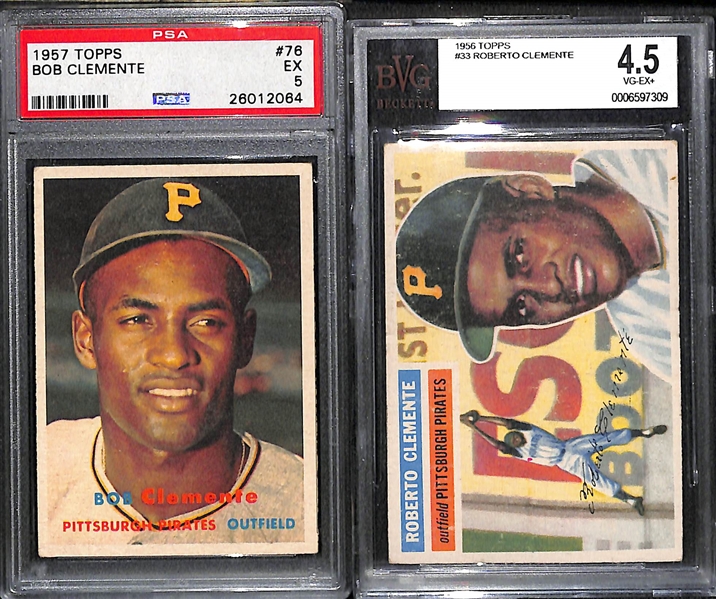 Lot of (2) Roberto Clemente Baseball Cards w. 1956 Topps BGS 4.5 and 1957 Topps PSA 5 