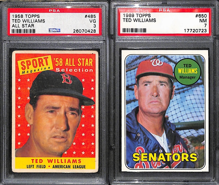 Lot of (2) PSA Graded Ted Williams Baseball Cards w. 1958 Topps All Star PSA 3 and 1969 Topps PSA 7