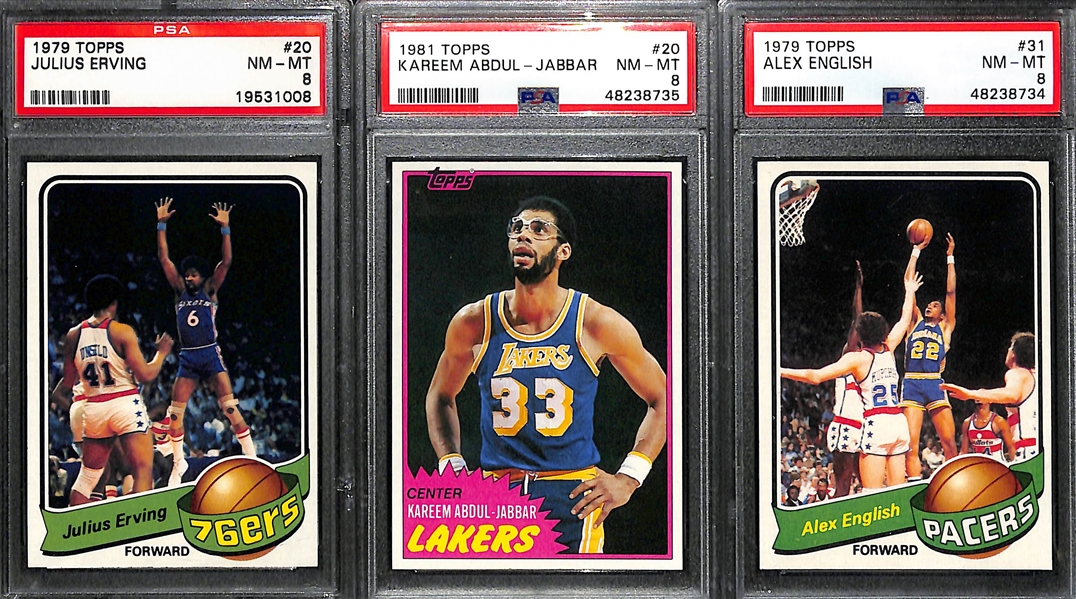 Lot of (3) 1979-1981 Basketball Stars Lot w. Julius Erving, Abdul-Jabbar and English All Graded PSA 8