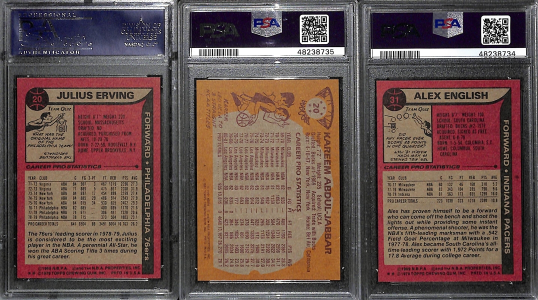 Lot of (3) 1979-1981 Basketball Stars Lot w. Julius Erving, Abdul-Jabbar and English All Graded PSA 8