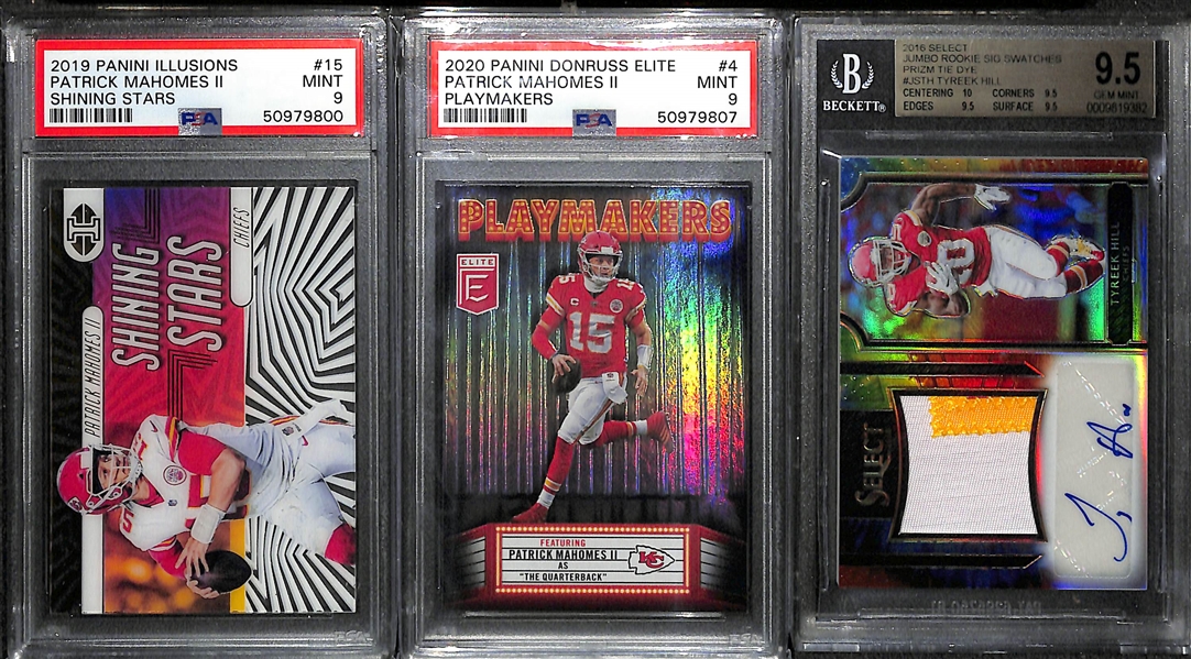 Lot of (3) Graded Cards Featuring Patrick Mahomes and 2016 Tyreek Hill Select Jumbo Rookie Signature Swatches #d /25 Graded BGS 9.5