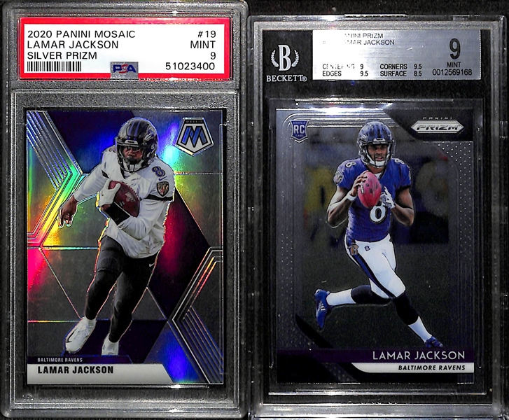 Lot of (2) Lamar Jackson Football Cards w. 2018 Prizm Rookie BGS 9 and 2020 Mosaic Silver Prizm PSA 9