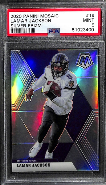 Lot of (2) Lamar Jackson Football Cards w. 2018 Prizm Rookie BGS 9 and 2020 Mosaic Silver Prizm PSA 9