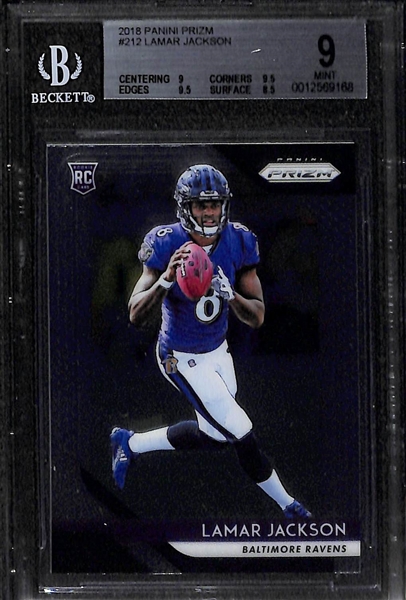 Lot of (2) Lamar Jackson Football Cards w. 2018 Prizm Rookie BGS 9 and 2020 Mosaic Silver Prizm PSA 9
