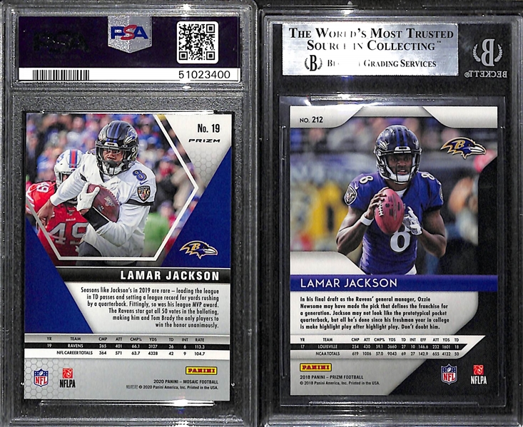 Lot of (2) Lamar Jackson Football Cards w. 2018 Prizm Rookie BGS 9 and 2020 Mosaic Silver Prizm PSA 9