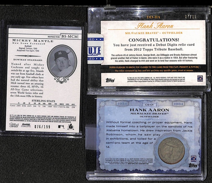 Lot of (3) Modern Baseball Inserts Featuring Mickey Mantle and Hank Aaron Game Used Bat Cards