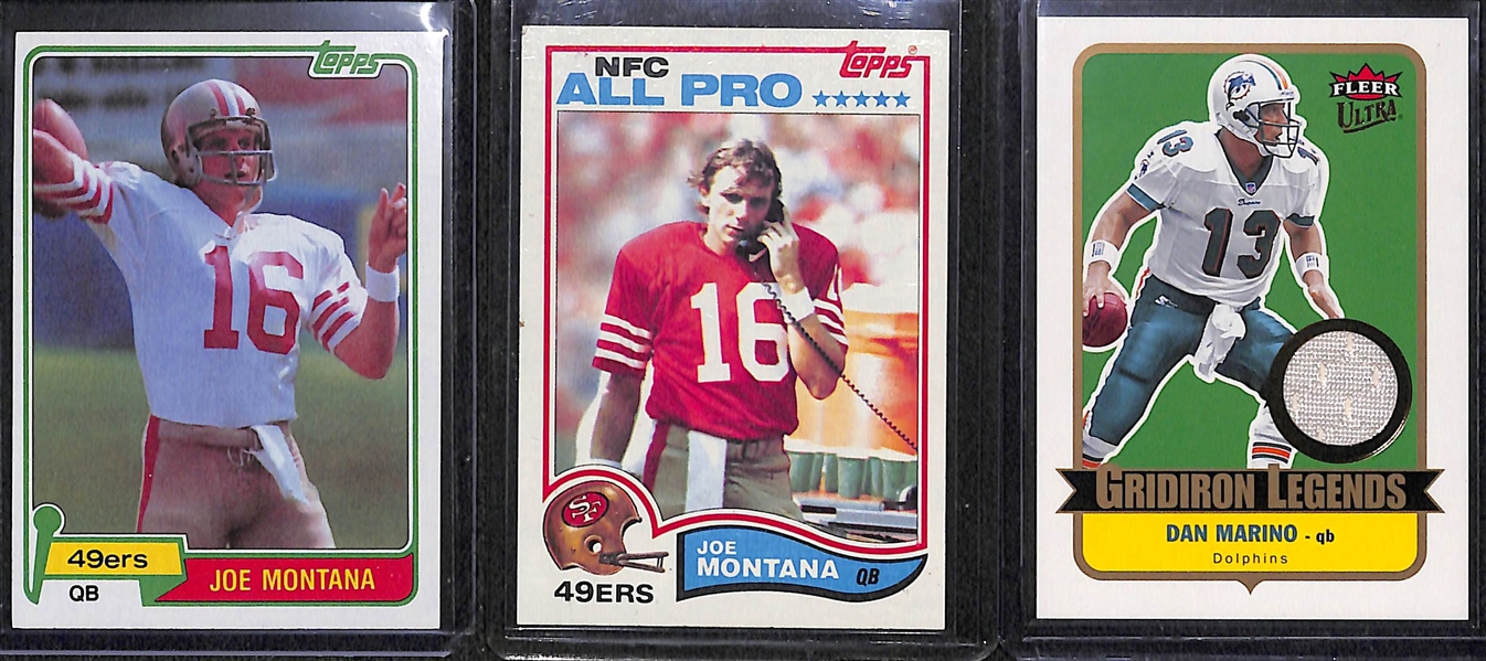 Lot of (3) Football Cards Featuring 1981 Joe Montana Rookie Card and Dan Marino Game Used Patch 