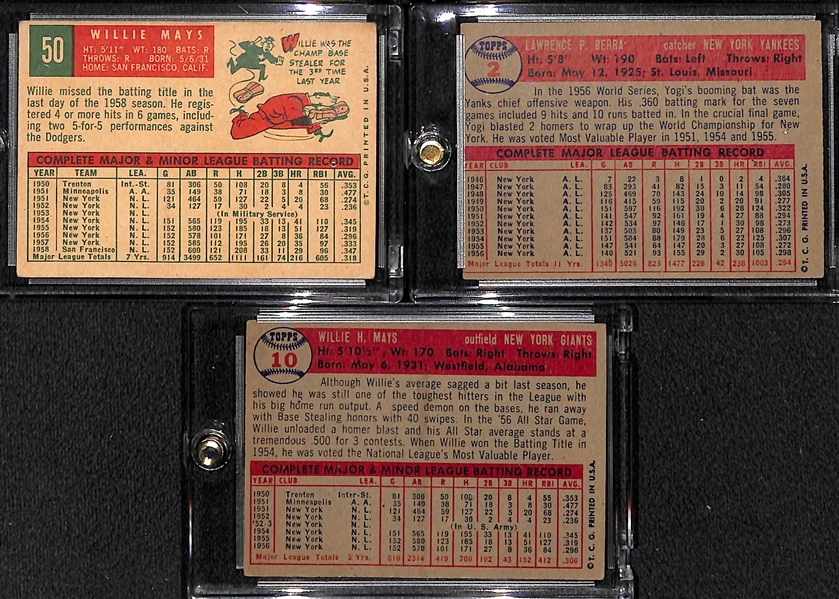 Lot of (3) 1950s Topps Baseball Card w. 1957 Willie Mays and Yogi Berra, and 1959 Willie Mays