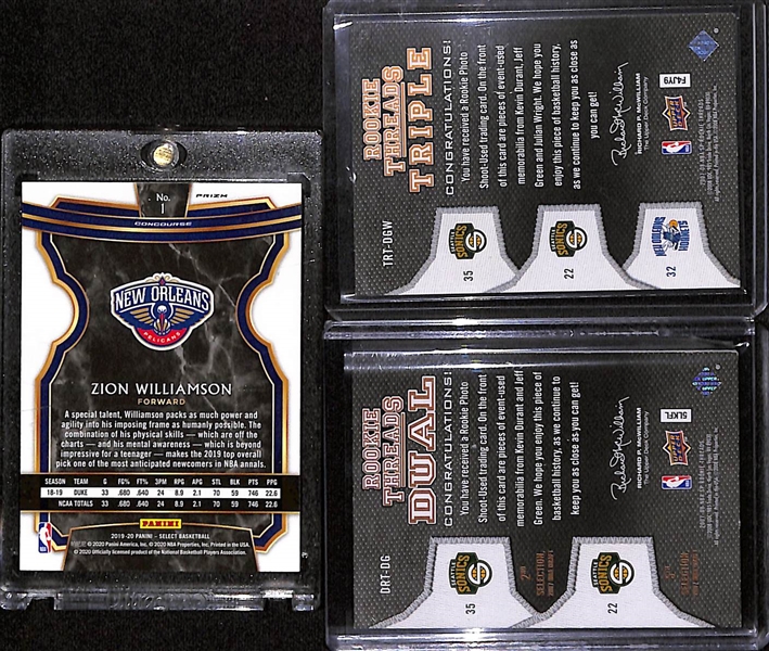 2019-20 Select Zion Williamson Rookie Tri-Color Prizm Card & (2) 2007-08 Kevin Durant Rookie Jersey Cards 