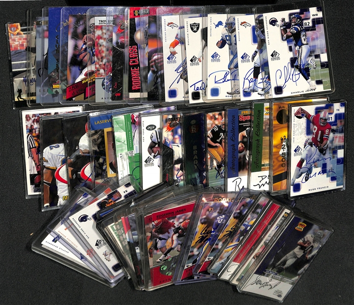 Lot of (45+) Football Autographed Cards w. Many Stars and Hall of Famers Feat. Plunkett, T. Davis, M. Faulk, Largent, and Many More!