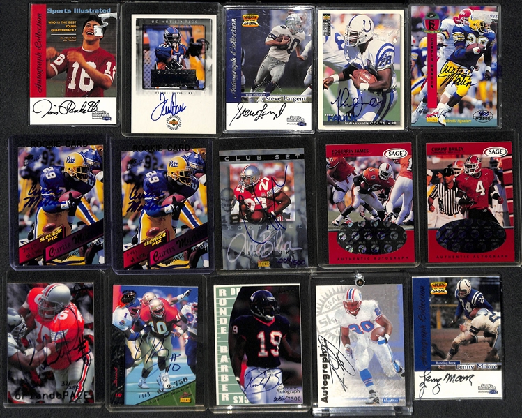 Lot of (45+) Football Autographed Cards w. Many Stars and Hall of Famers Feat. Plunkett, T. Davis, M. Faulk, Largent, and Many More!