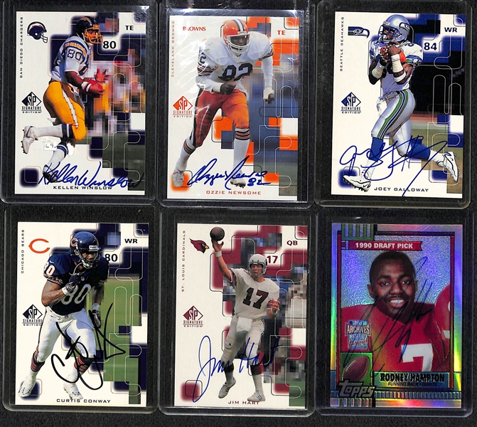 Lot of (45+) Football Autographed Cards w. Many Stars and Hall of Famers Feat. Plunkett, T. Davis, M. Faulk, Largent, and Many More!