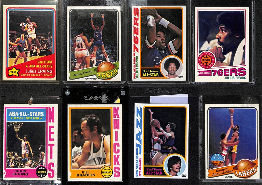 Lot of (8) Mostly 1970s Basketball Cards w. Erving, Jabbar, Maravich, Bradley Feat. 1972 Julius Erving All-Star Rookie