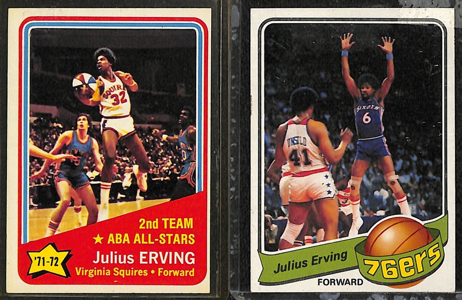 Lot of (8) Mostly 1970s Basketball Cards w. Erving, Jabbar, Maravich, Bradley Feat. 1972 Julius Erving All-Star Rookie