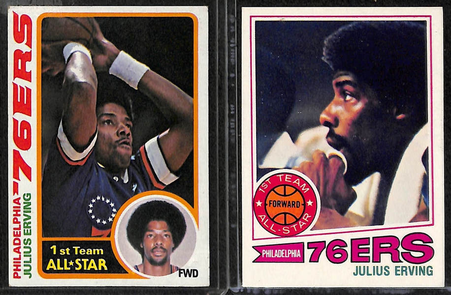 Lot of (8) Mostly 1970s Basketball Cards w. Erving, Jabbar, Maravich, Bradley Feat. 1972 Julius Erving All-Star Rookie