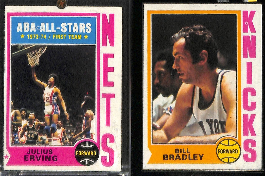 Lot of (8) Mostly 1970s Basketball Cards w. Erving, Jabbar, Maravich, Bradley Feat. 1972 Julius Erving All-Star Rookie
