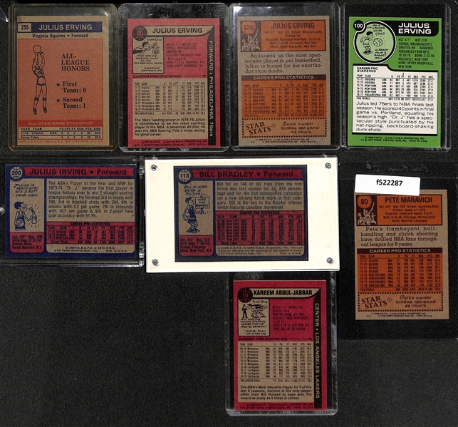 Lot of (8) Mostly 1970s Basketball Cards w. Erving, Jabbar, Maravich, Bradley Feat. 1972 Julius Erving All-Star Rookie