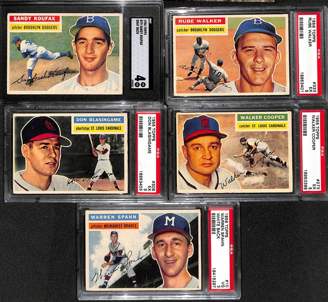 Lot of (5) 1956 Topps Graded Baseball Cards Feat. Sandy Koufax and Warren Spahn