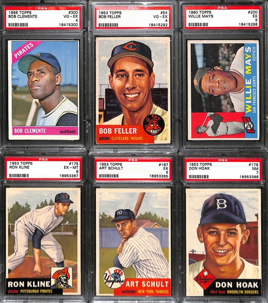 Lot of (6) PSA Graded Mostly 1950s and 1960s Topps Baseball Cards Feat. Bob Feller, Clemente, and Mays