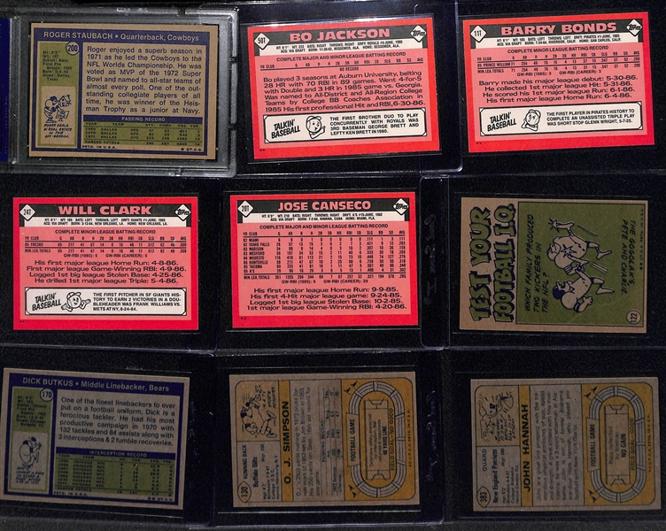 Lot of (9) 1970s and 1980s Topps Football and Baseball feat. Top Rookies from the 1986 Topps Traded Set and 1972 Roger Staubach Rookie PSA 7