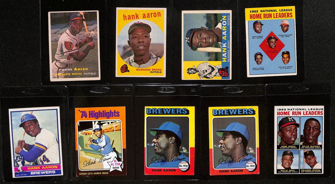 Lot of (9) 1950s-1970s Topps Hank Aaron Baseball Cards