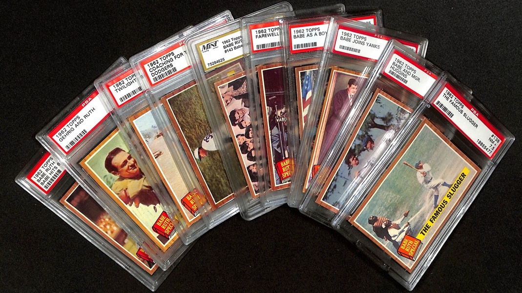 Lot of (10) 1962 Topps Mostly PSA Graded Babe Ruth Cards