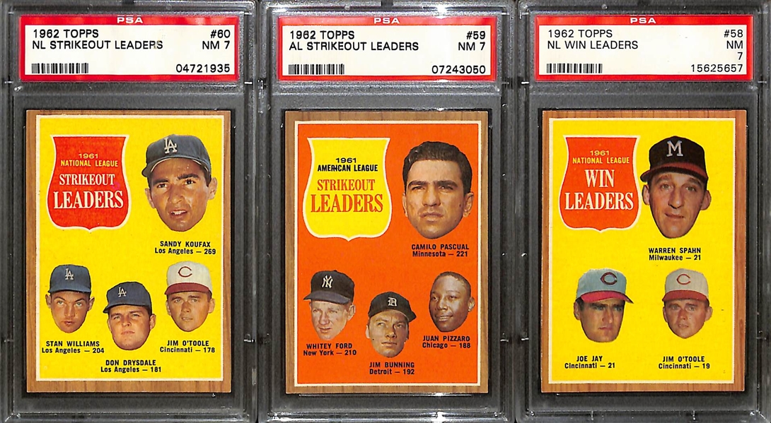 Lot of (9) 1962 Topps Graded AL and NL Leaders Baseball Cards (All Graded PSA 7 or Higher)