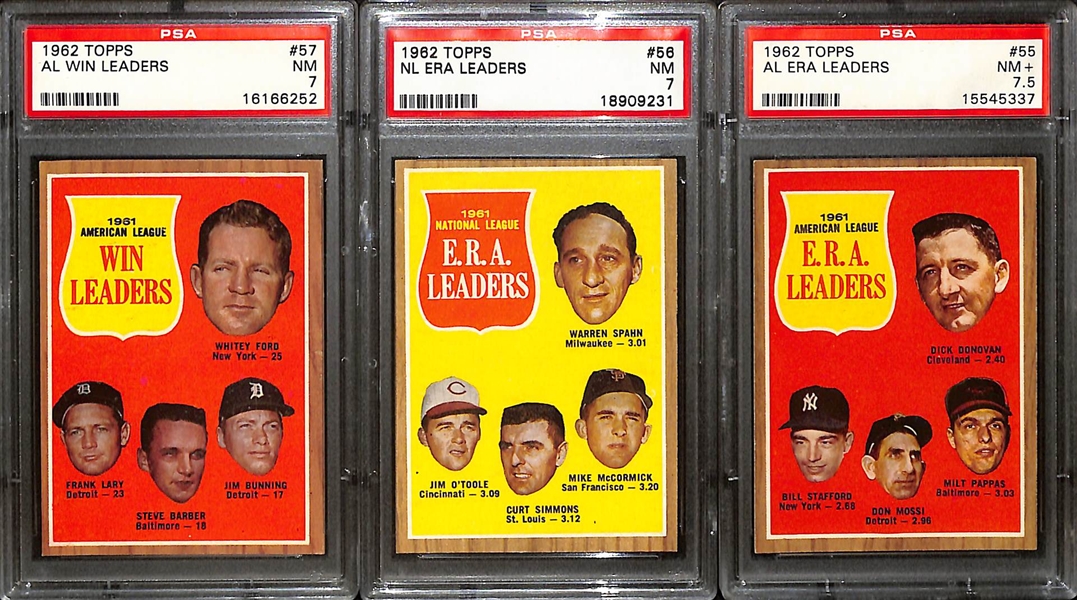 Lot of (9) 1962 Topps Graded AL and NL Leaders Baseball Cards (All Graded PSA 7 or Higher)