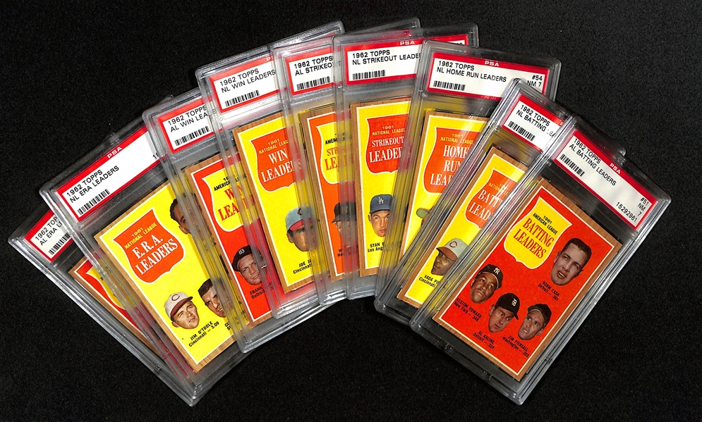 Lot of (9) 1962 Topps Graded AL and NL Leaders Baseball Cards (All Graded PSA 7 or Higher)