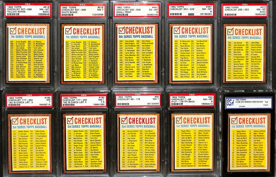 Lot of (10) 1962 Topps Mostly PSA Graded Checklists (Includes Checklists for All Series)