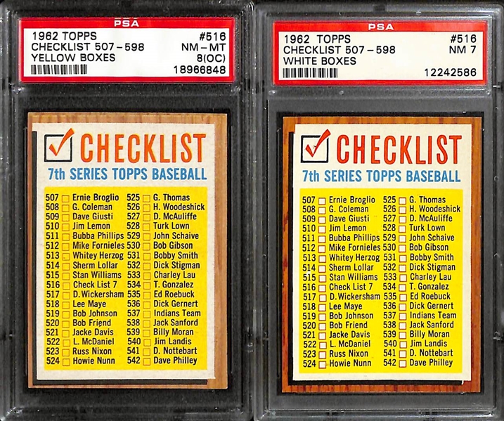 Lot of (10) 1962 Topps Mostly PSA Graded Checklists (Includes Checklists for All Series)