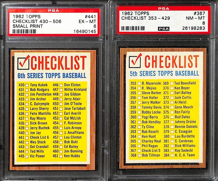 Lot of (10) 1962 Topps Mostly PSA Graded Checklists (Includes Checklists for All Series)