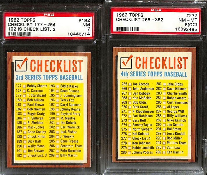 Lot of (10) 1962 Topps Mostly PSA Graded Checklists (Includes Checklists for All Series)